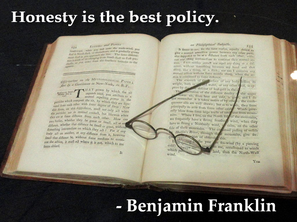 an open book of Philosophical Subjects - Letters and Papers with Bifocals resting on top surround by Benjamin Franklin's quote Honesty is the best policy